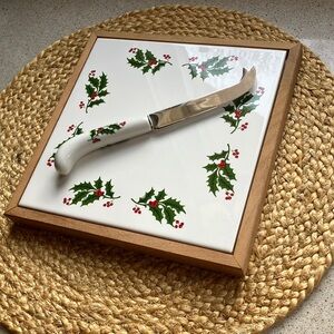 Vintage Holly Berry Tile Trivet Cheese Board and Cheese Knife